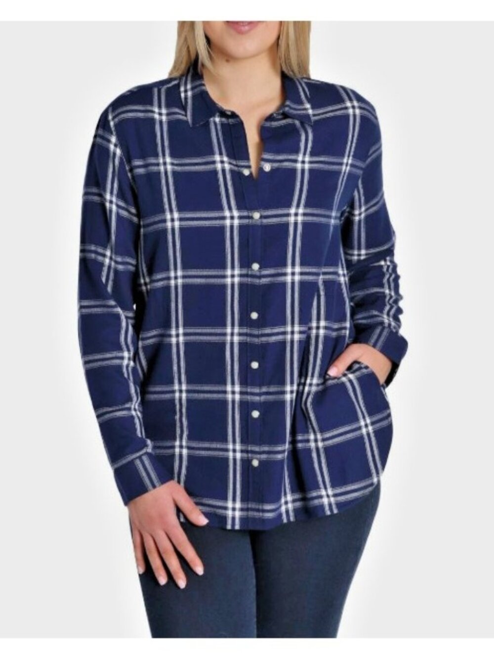 Jachs Girlfriend Relaxed Snap Front Flannel Shirt-Blue & White-Medium-NWT